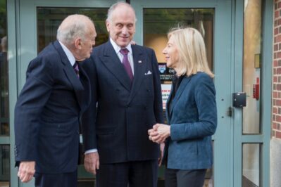 Leonard Lauder and Ronald Lauder, speaking with Penn President Amy Gutmann at the celebration of the Lauder Institute building renovation.