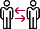 Two simplified human figures with arrows pointing between them, indicating communication or exchange.