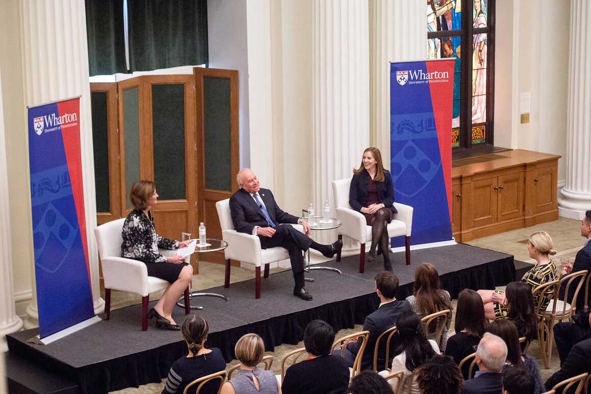 From left to right: Deputy Vice Dean of the MBA Program Maryellen Reilly; Andrew M. Saul, W’68; Kristen Paladino, WG’19