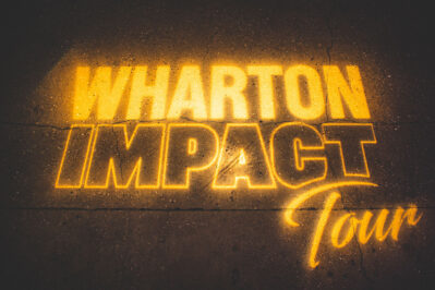 Wharton Impact Tour logo in decorative lighting
