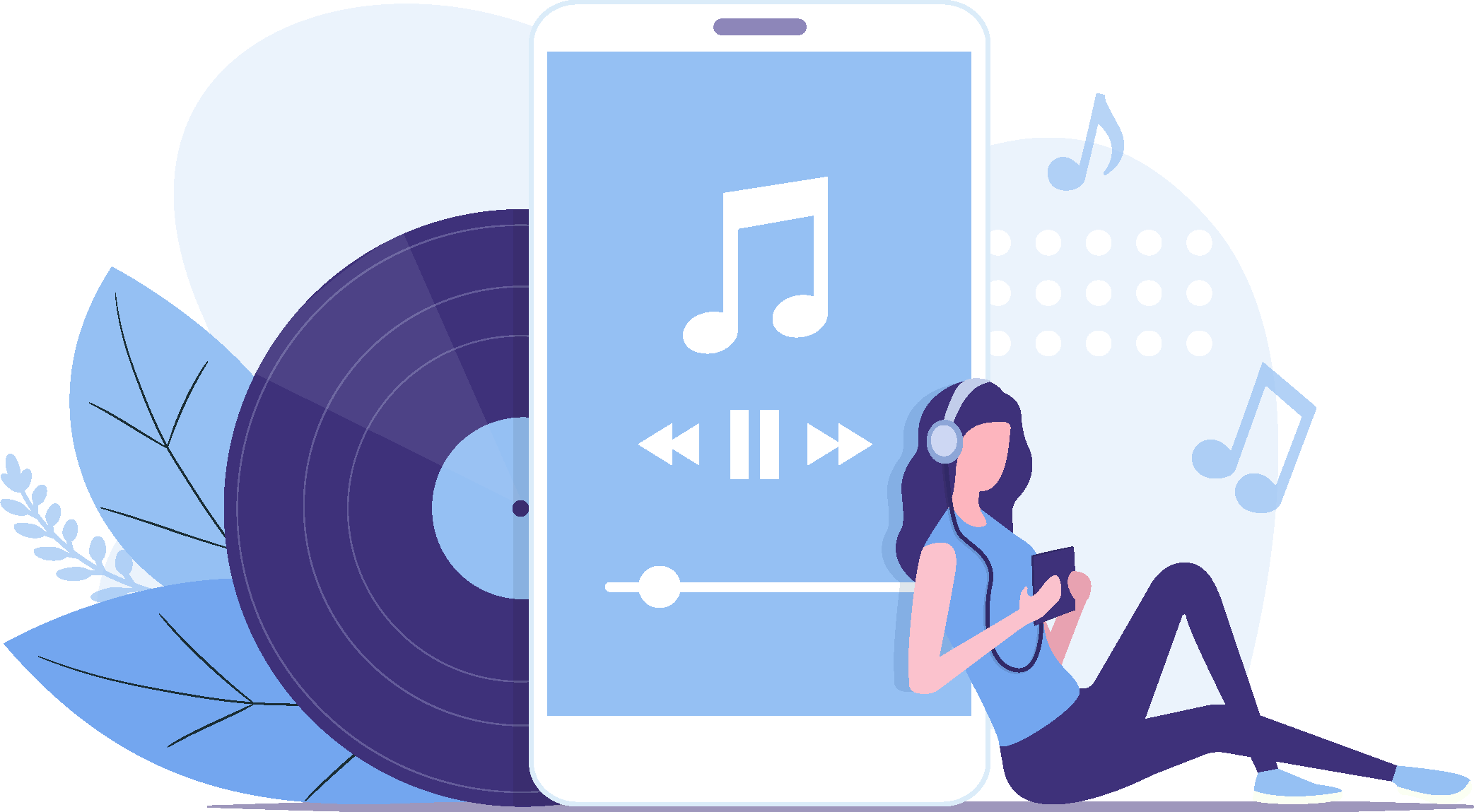 Illustration of a phone playing music and a woman listening with headphones on