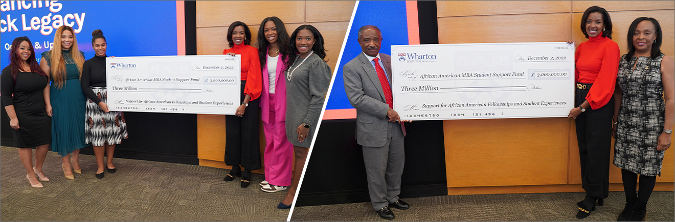 Dean Erika James, in red, with WMYC Co-chairs Heather Jones, Erika Lawrence, Sierra Martin, and Elon Cornelius, WG'23, at left; and board members Larry Bailey, WG'76, and Lana Woods, WG'90, at right