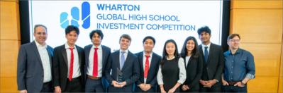 Last year's winners, with Eli Lesser, Executive Director of the Wharton Global Youth Program, at left, and Professor Serguei Netessine, Senior Vice Dean for Innovation and Global Initiatives, at right.