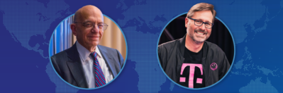 From left: Professor Jeremy Siegel, Russell E. Palmer Professor Emeritus of Finance, and Mike Sievert, W’91, President and CEO of T-Mobile