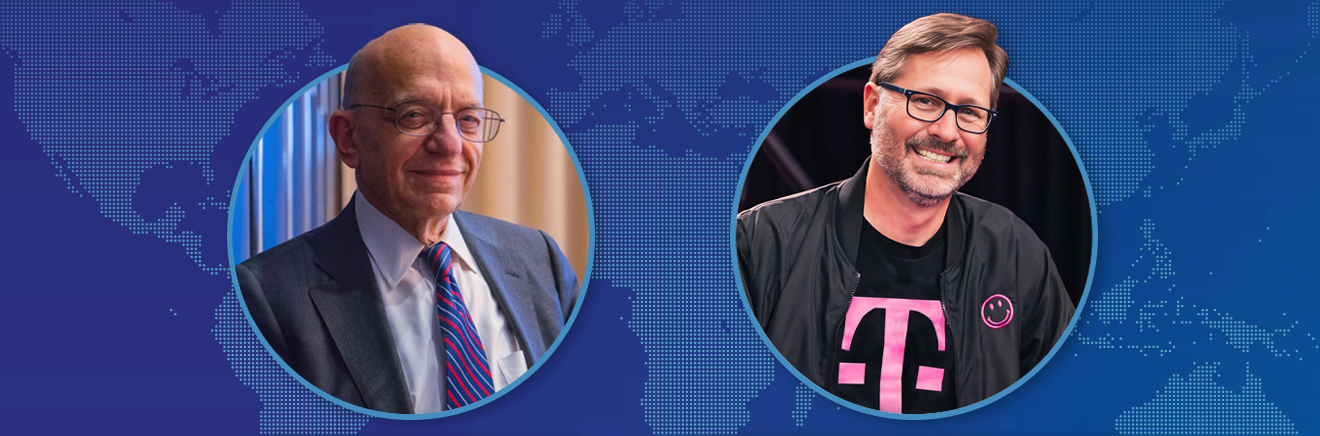From left: Professor Jeremy Siegel, Russell E. Palmer Professor Emeritus of Finance, and Mike Sievert, W’91, President and CEO of T-Mobile
