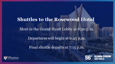 Shuttles to the Rosewood Hotel Meet in the Grand Hyatt Lobby at 6:30 p.m. Departures will begin at 6:45 p.m. Final shuttle departs at 7:15 p.m.