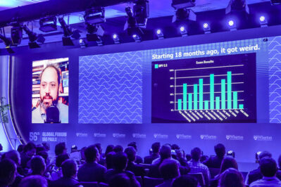 Photo of Professor Ethan Mollik presenting on AI at the Wharton Global Forum in São Paulo