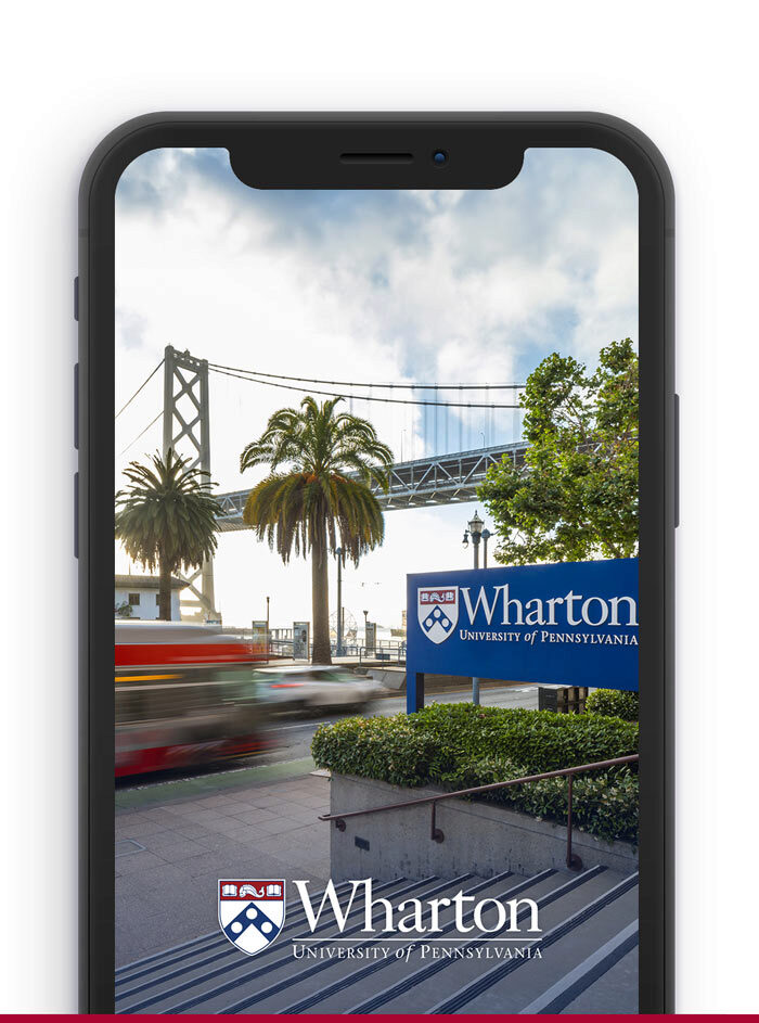 Mobile phone Wharton San Francisco Campus and Golden Gate Bridge Sign background