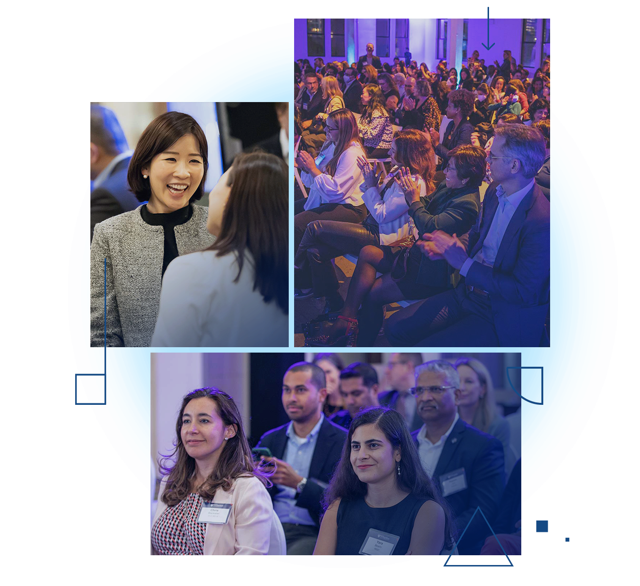 Collage of people at a conference: a smiling person chatting, a large audience applauding, and attendees sitting attentively.