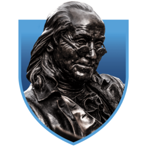 Ben Franklin bust inside a shield