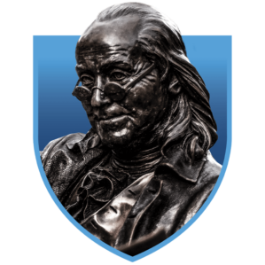 Ben Franklin bust inside a shield