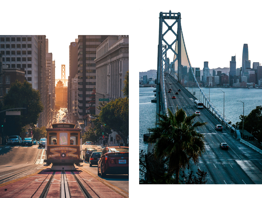 San Francisco cable car next to the Golden Gate Bridge