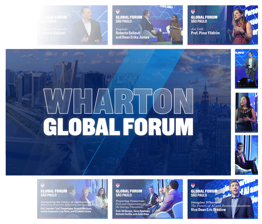 Collage of images featuring speakers at various Wharton Global Forums