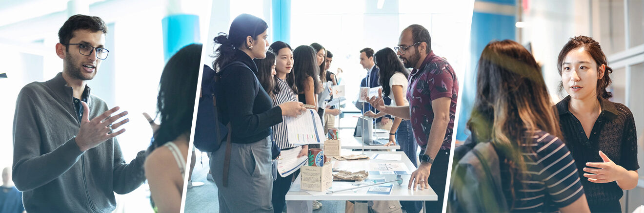 Three-panel image showing people conversing at an indoor event, with tables displaying pamphlets and materials.