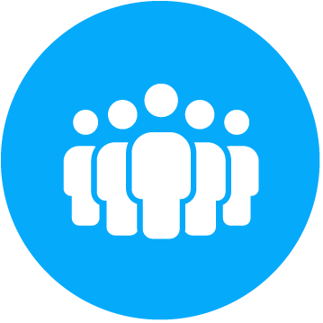 White silhouettes of five human figures on a blue circular background.