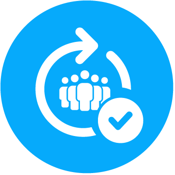 Blue circle with a white group icon and a checkmark.