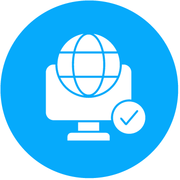 Icon of a computer monitor with a globe and check mark on a blue circle.