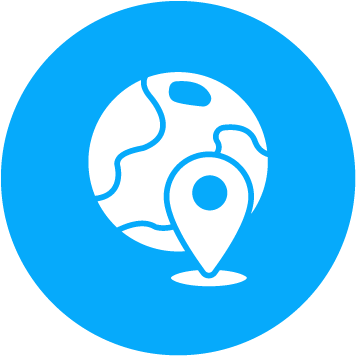 Blue icon with a white globe and map pin design.