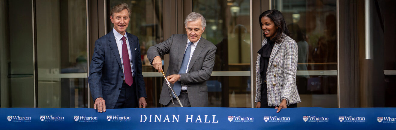 President J. Larry Jameson, Jamie Dinan, W’81, and Wharton School Dean Erika H. James, at the Dinan Hall dedication ceremony.