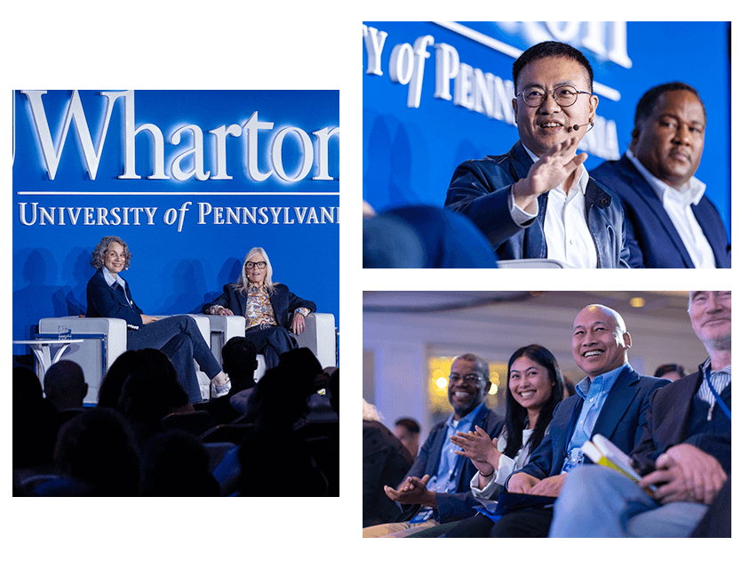 SF-Forum-Web-Collage-2-web A panel discussion at the Wharton School of the University of Pennsylvania with speakers on stage and audience members engaged and smiling.