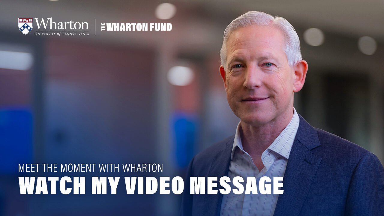 Craig Enenstein, G'95, WG'95, PAR'25 in a blue suit with "Wharton University of Pennsylvania" and "Watch My Video Message"