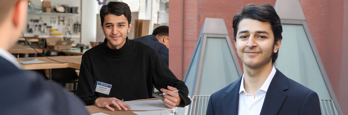 A collage of headshots of Wharton student Francesco Salamone, W’26; on the left, he wears a black sweater while taking notes, and on the right, he wears a blazer in front of a brick wall.