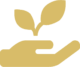 A stylized graphic of a hand holding a plant with two leaves, typically symbolizing growth, nurturing, or environmental care.