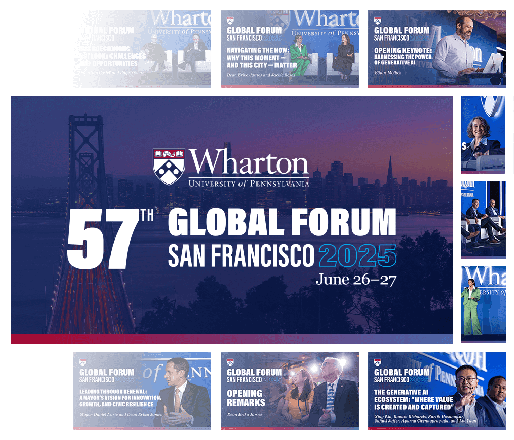 WH-GF-SF-Webpage - Video Library Promotional graphic for the 57th Wharton Global Forum in San Francisco, 2025, featuring event dates and city skyline. Multiple inset images show speakers and past events.