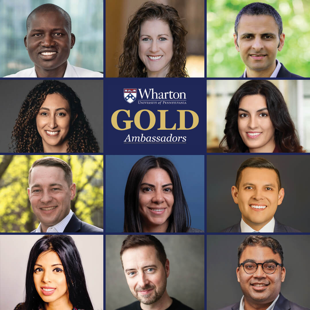 Wharton-GOLD-Ambassadors-1x1-Collage2 A collage of headshots featuring a diverse group of individuals surrounding a central logo for Wharton School with the text "GOLD Ambassadors".