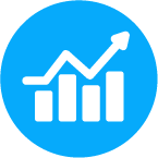 Bay Blue - Chart over time An icon of a bar chart with an upward trend line, representing growth or success, on a blue circular background.
