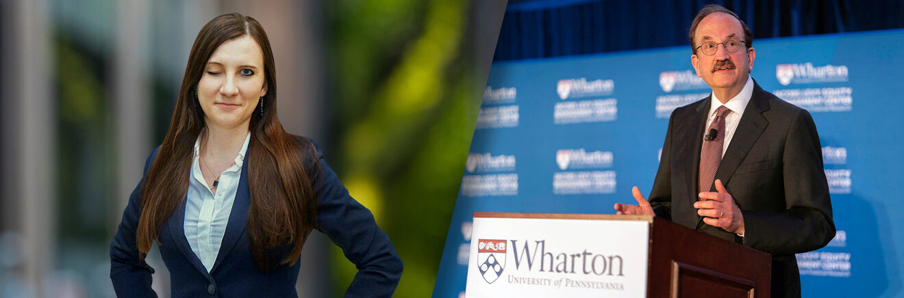 A split image shows a person in a suit winking on one side, and another person in a suit speaking at a podium with a Wharton branding on the other side.