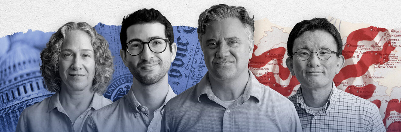 A collage featuring four leaders of the Penn Wharton Budget Model against a background of government buildings, abstract design, and maps.