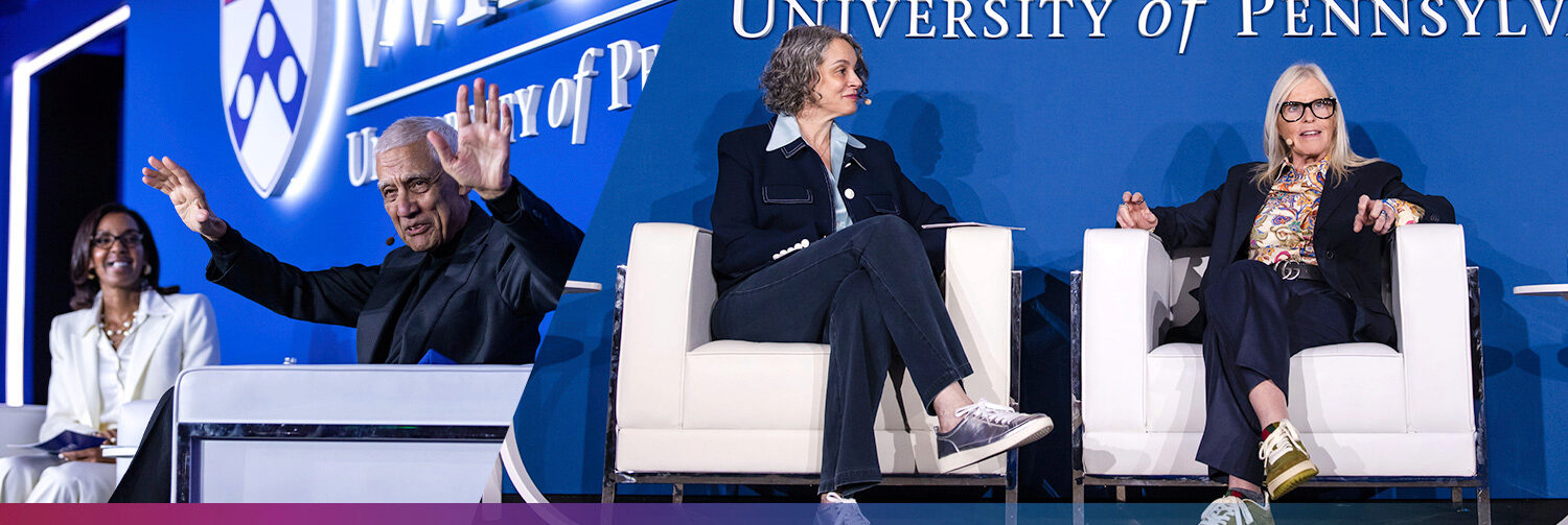 Dean Erika James, Vinod K., Professor Lori Rosenkopf, and Amy Errett on stage at Global Forum San Francisco