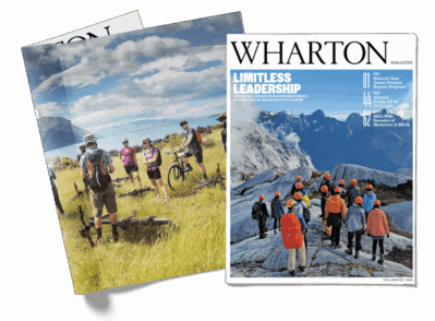 Wharton-Magazine-Fall-Winter-2025-download-e1760723231287-1024x754 Cover title Wharton Magazine, Limitless Leadership image shows alumni outdoors on bikes and hiking.
