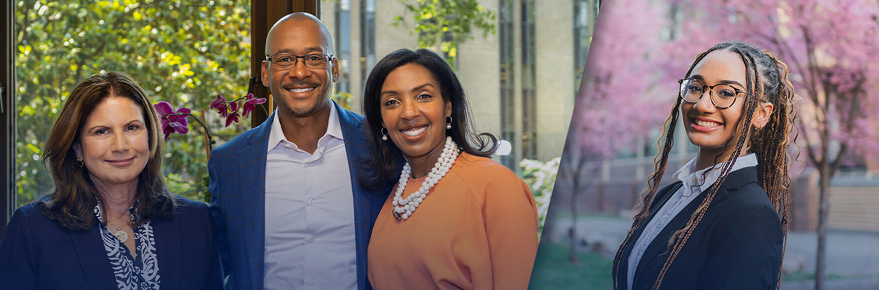 The image is divided into two sections. On the left side, Vice President for Development and Alumni Relations Kate Griffo; Brian Ellerson, WG’99; and Dean of the Wharton School Erika H. James stand closely together indoors. On the right side, Nia Matthews, W’27, stands outdoors in front of pink blooming trees.