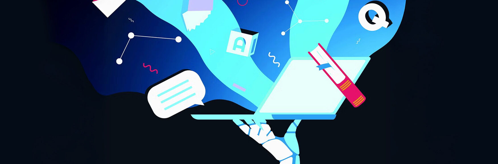 An illustration of a robotic hand holding up a laptop with digital elements and symbols surrounding it.