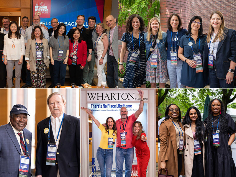 Reunion Volunteer Web Image Collage of alumni volunteers at Wharton MBA Reunion Weekend, showing alumni wearing badges, smiling and on campus