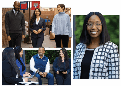 A collage of three photos featuring a few people in professional attire walking and talking in Steinberg-Dietrich Hall, and a small group sitting outside together, smiling. A person in business attire is shown in a headshot.