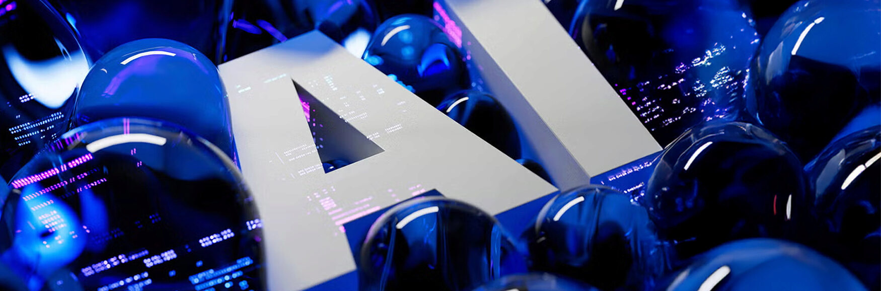 FY26-February-Catalyst-Newsletter-Story-2 White 3D letters "A" and "I" with reflective blue spheres and digital lighting.