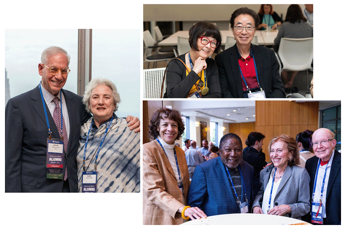 Collage of three photos showing Emeritus Society alumni at an event, with other alumni smiling and wearing name badges.