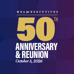 WEMBA-50TH_Thumbnail Graphic displaying "MBA for Executives 50th Anniversary & Reunion October 3, 2026" on a purple background.