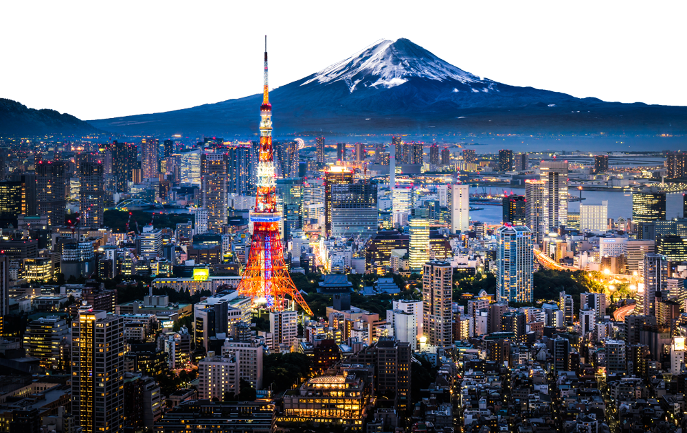 A cityscape of Tokyo at night, featuring the illuminated Tokyo Tower and surrounding buildings, with Mount Fuji visible in the background.